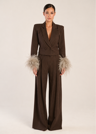 Carrington Brown Suit with Feathers on Sleeves