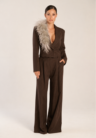 Carrington Brown Suit with Feathers on Neckline