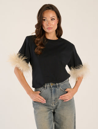 T-shirt Spalline Nera Piuma Beige