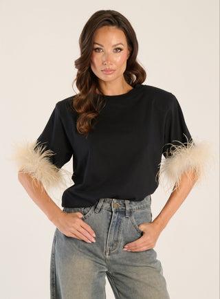 T-shirt Spalline Nera Piuma Beige