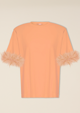 T shirt Spalline Arancio tenue con Piuma Caramello