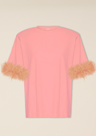 T shirt Spalline Rosa tenue con Piuma Caramello