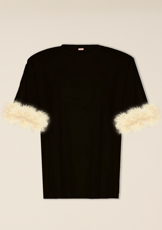 T shirt Spalline Nera con Piuma Beige