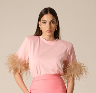 T shirt Spalline Rosa tenue con Piuma Caramello