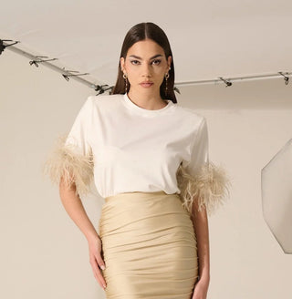 T shirt Spalline Bianca con Piuma Beije
